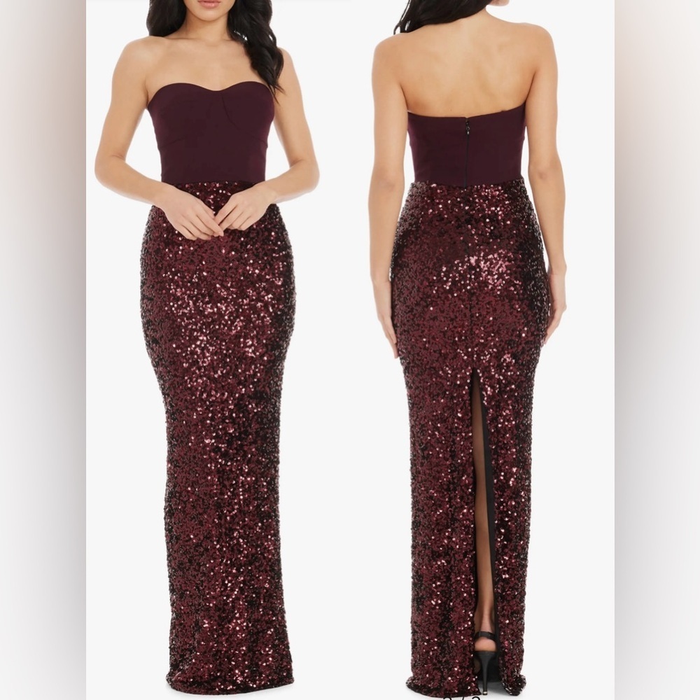New Dress The Population Vada Mixed Media Strapless Gown Port Burgundy Red Sz S
